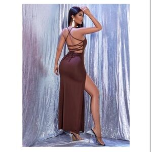 Lace Up Back Split Thigh Crisscross Maxi Party Dress Coffee Brown Medium